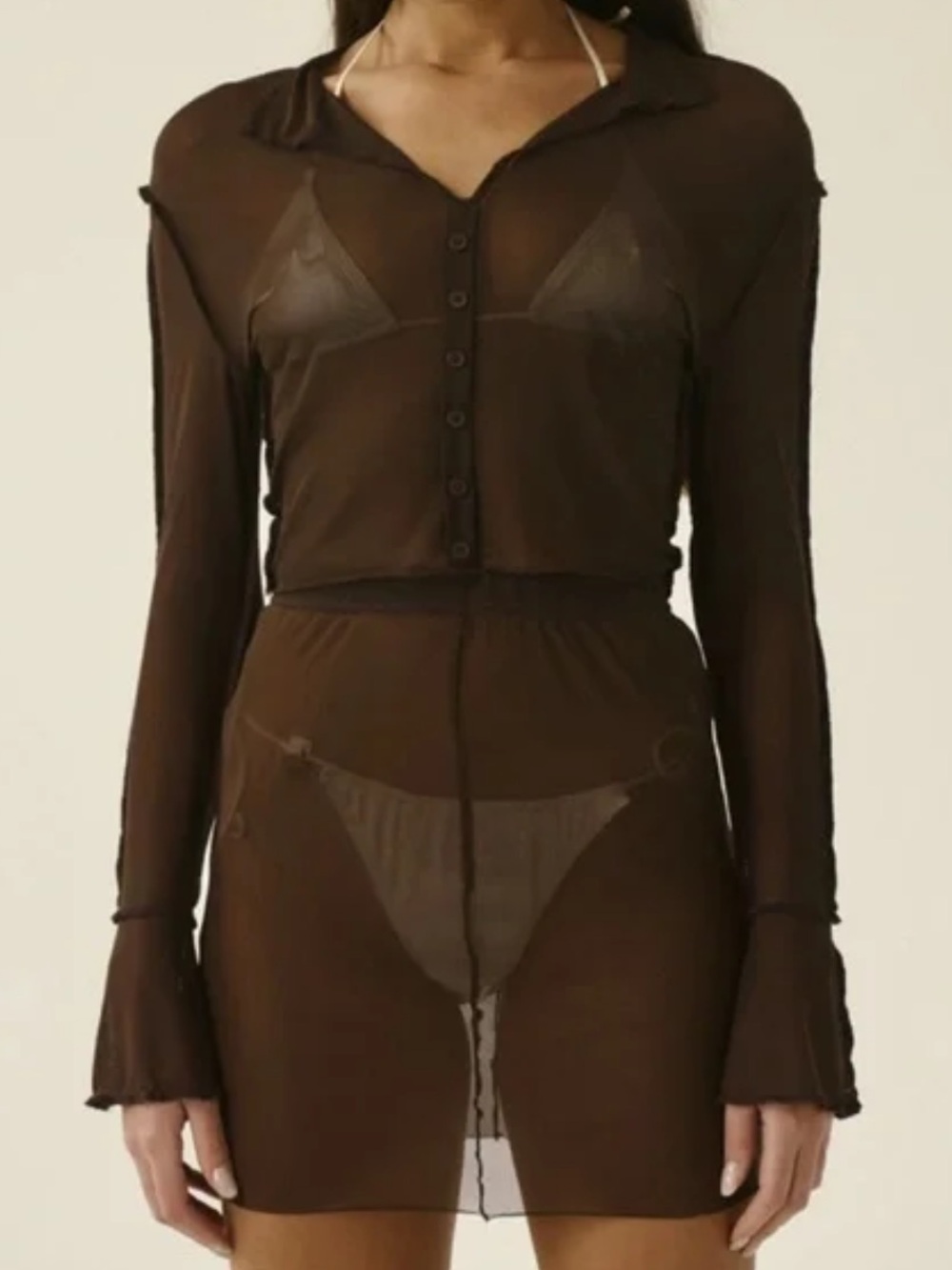 Sisters & seekers perish brown Mesh Long-Sleeve Blouse